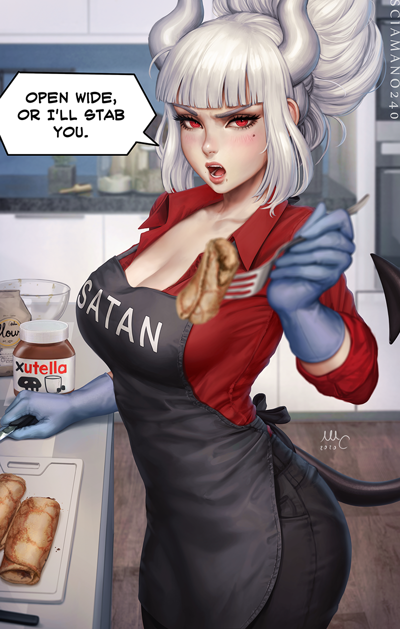 1girl 2020 apron artist_name bangs blunt_bangs blush bowl breasts cleavage collarbone commentary cowboy_shot dated demon_girl demon_horns demon_tail english_commentary english_text food fork helltaker highres horns indoors kitchen knife looking_at_viewer lucifer_(helltaker) medium_breasts nutella open_mouth pancake pants pov red_eyes sciamano240 smile solo speech_bubble standing tail teeth tongue watermark white_hair