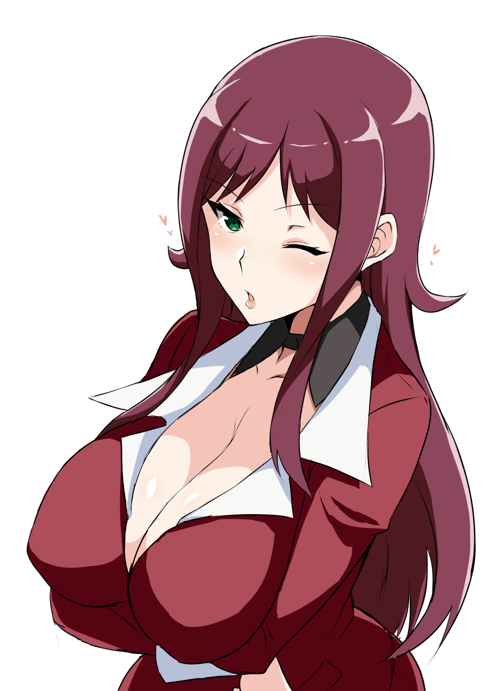 1girl akana_rui bangs blush breast_hold breasts choker chousoku_henkei_gyrozetter cleavage formal green_eyes highres large_breasts long_hair long_sleeves looking_at_viewer one_eye_closed parted_bangs parted_lips purple_hair sidelocks skirt_suit solo suit tawashi1623 upper_body