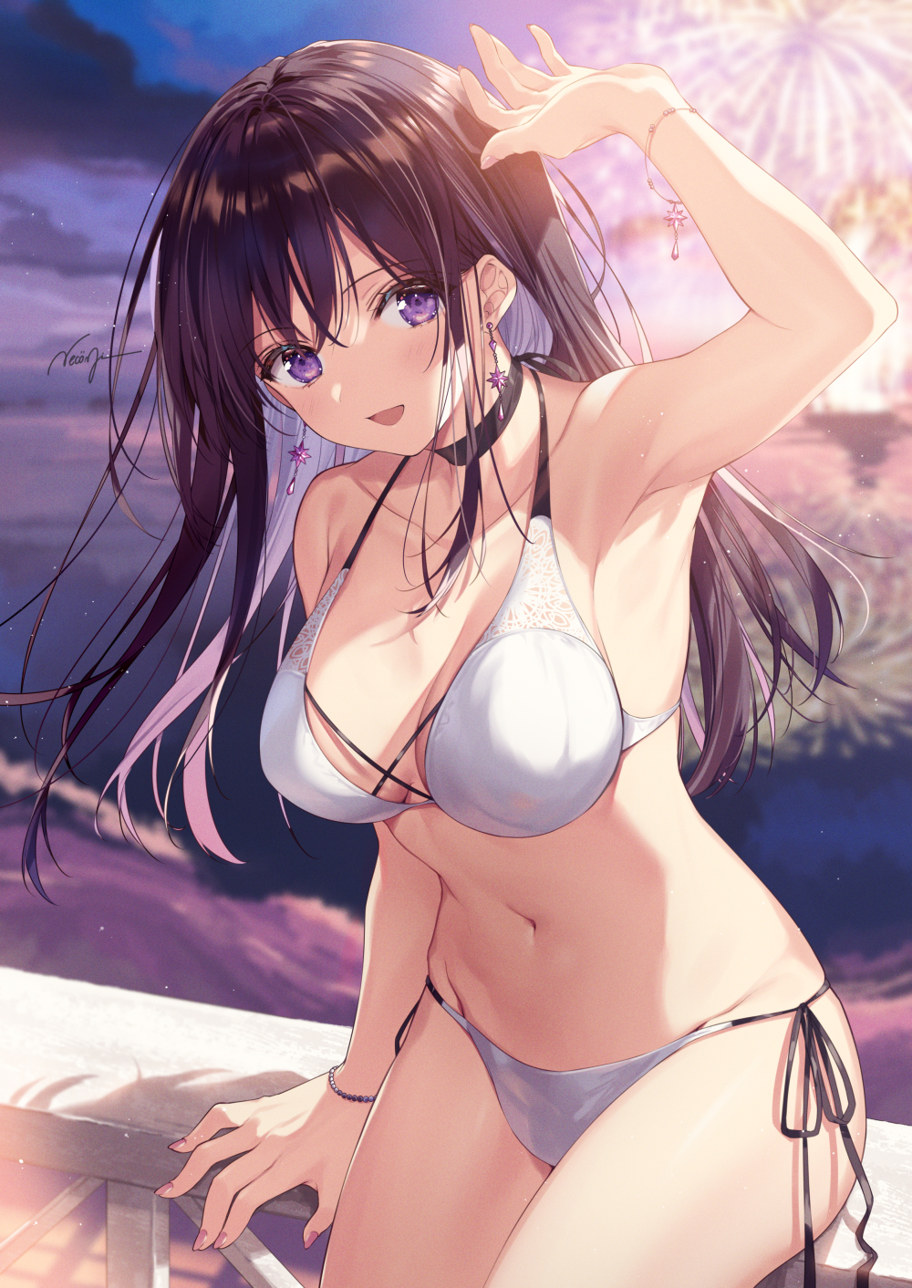 1girl :d aerial_fireworks arm_up armpits bare_arms bare_shoulders bikini black_choker black_hair blurry bracelet breasts choker cleavage collarbone depth_of_field earrings fireworks groin halter_top halterneck highres jewelry large_breasts long_hair looking_at_viewer navel necomi open_mouth original outdoors purple_eyes side-tie_bikini sitting smile solo stomach string_bikini swimsuit thighs twilight white_bikini