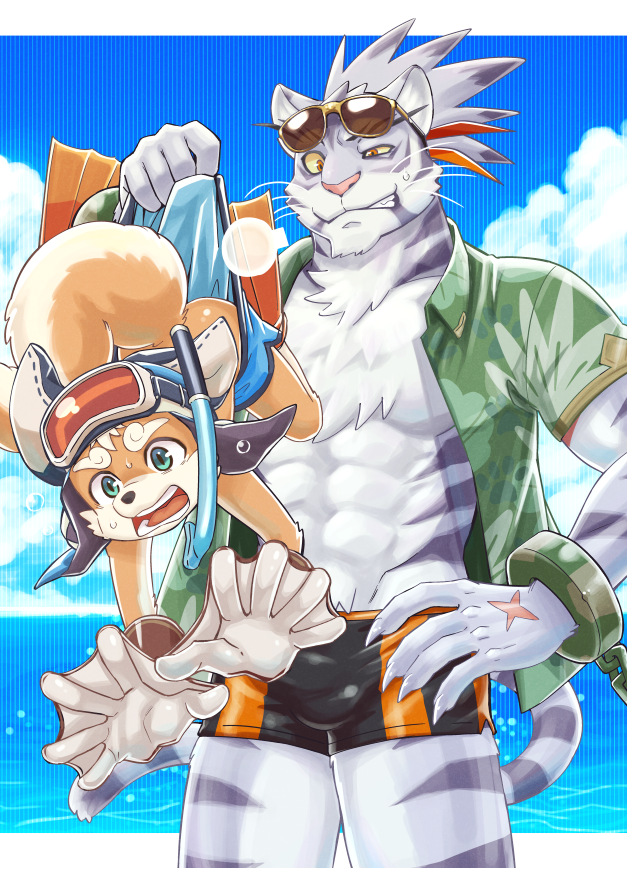 5_fingers abs anthro athletic athletic_anthro athletic_male beach biceps biped bulge canid canine canis clothed clothing d_raw_two domestic_dog eyewear felid fingers fur gloves green_eyes grey_body grey_fur handwear humanoid_hands male mammal multicolored_body multicolored_fur open_shirt orange_body orange_eyes orange_fur pantherine ruu_(world_flipper) scar seaside shiro_(world_flipper) shirt striped_body striped_fur striped_tail stripes sunglasses suspended_in_midair swimming_trunks swimwear tan_body tan_fur tiger topwear two_tone_body two_tone_fur white_body white_fur world_flipper yellow_sclera