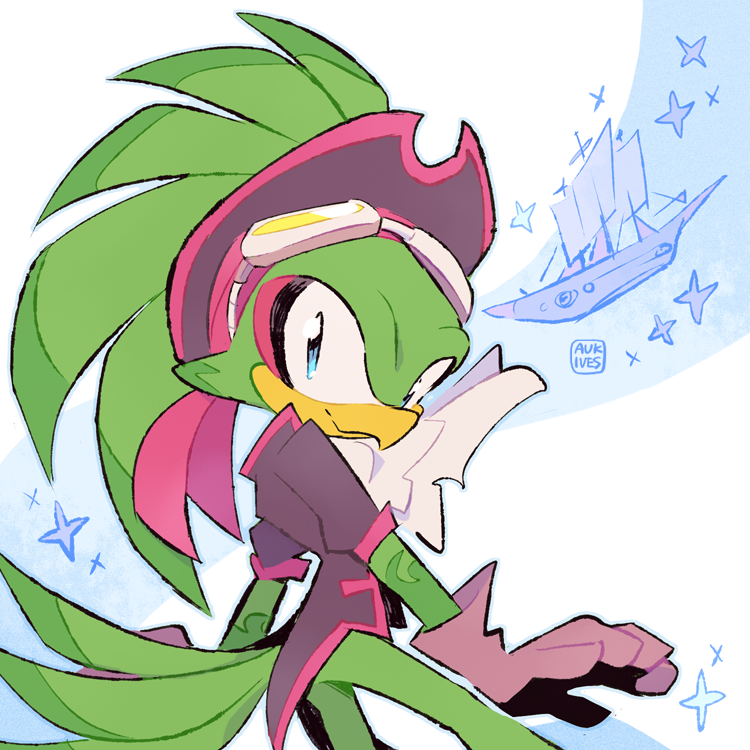 accipitrid accipitriform anthro aukives avian beak bird blue_eyes clothing eyewear feather_markings feathers gloves goggles goggles_on_head green_body green_feathers green_markings handwear hat headgear headwear jet_the_hawk male markings ship solo sonic_riders sonic_the_hedgehog_(series) tail_feathers vehicle watercraft yellow_beak