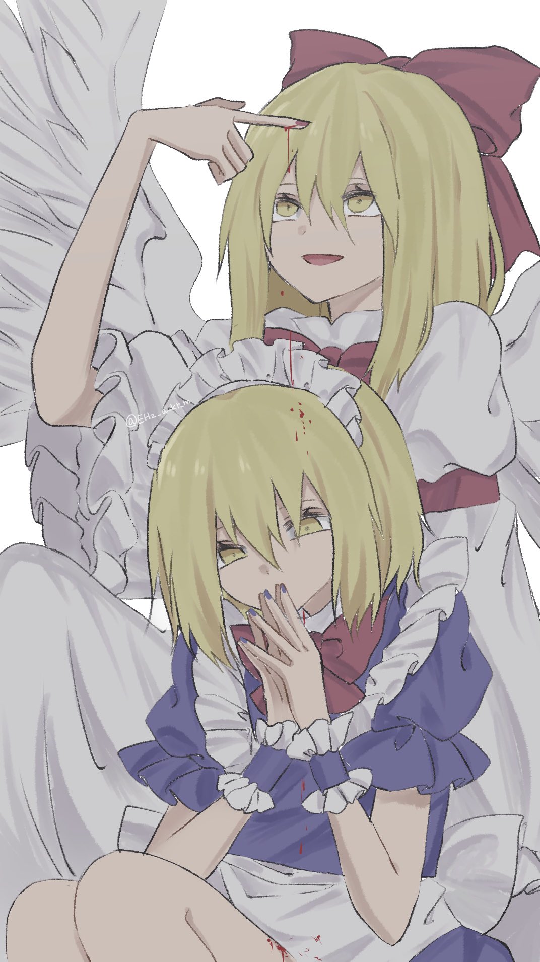 2girls bangs blonde_hair blood blood_drip blue_dress blue_nails bow commentary cowboy_shot dress feathered_wings fuwafurin gengetsu hair_between_eyes hair_bow highres index_finger_raised maid_headdress mugetsu multiple_girls nail_polish open_mouth puffy_short_sleeves puffy_sleeves red_bow red_nails red_neckwear short_hair short_sleeves siblings simple_background sisters sitting smile touhou touhou_(pc-98) twitter_username white_background white_dress wings yellow_eyes