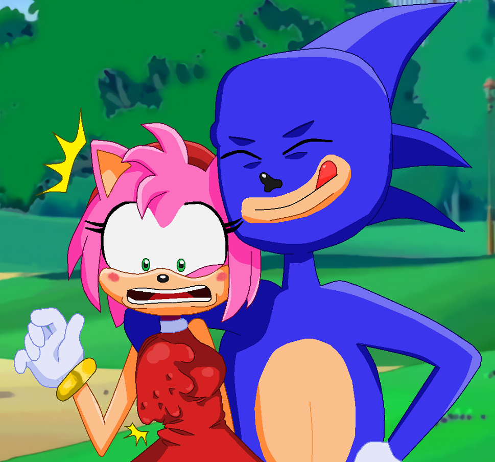 amy_rose anthro black_nose blue_body breast_grab breasts clothed clothing dress duo embarrassed eulipotyphlan eyes_closed female gloves green_eyes groping_from_behind hand_on_breast hand_on_hip hand_under_clothes handwear hedgehog male male/female mammal open_mouth pink_body sanic sex smile sonic_the_hedgehog_(series) surprise surprised_expression tongue tongue_out unknown_artist