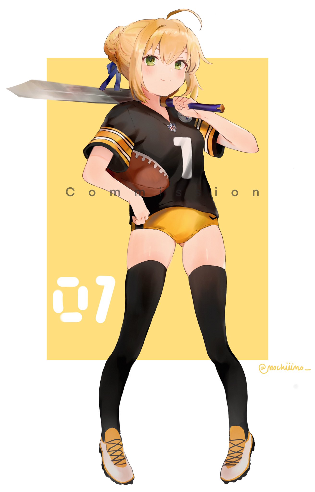 1girl ahoge artoria_pendragon_(all) black_legwear blonde_hair bloomers braid braided_bun english_commentary excalibur fate/stay_night fate_(series) football football_uniform full_body green_eyes hair_bun highres holding holding_sword holding_weapon mochii ribbon saber solo sportswear sword thighhighs underwear weapon