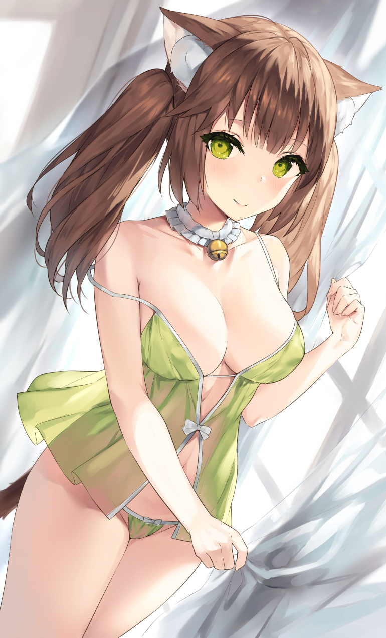 1girl animal_ear_fluff animal_ears babydoll bare_arms bare_shoulders bell breasts brown_hair cat_ears cat_girl cat_tail choker cleavage closed_mouth collarbone covered_nipples curtains frilled_choker frills green_eyes green_panties groin highres jingle_bell large_breasts lingerie long_hair looking_at_viewer navel original panties smile solo sora_72-iro spaghetti_strap strap_slip tail thighs twintails underwear underwear_only