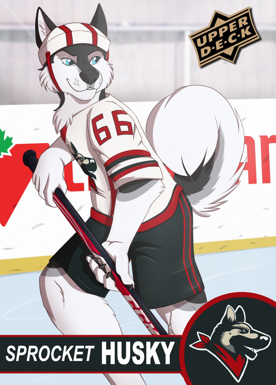 anthro big_tail blue_eyes bottomwear canid canine canis character_name claws clothing curled_tail domestic_dog fur grin hi_res hockey hockey_jersey hockey_player hockey_stick holding_object husky ice_rink inside kutekittykatt logo male male_focus mammal multicolored_body multicolored_fur nordic_sled_dog number short_sleeves shorts smile solo spitz sport trading_card two_tone_body two_tone_fur white_body white_fur white_tail