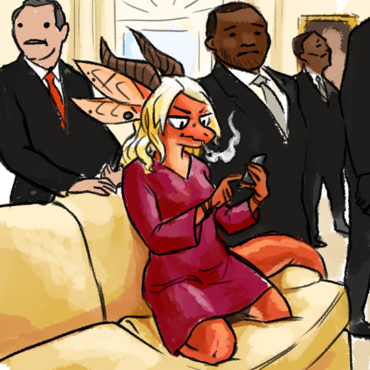 age_difference anthro clothing dark_skin dragon dress_shirt female formal group horn human humor inside kellyanne_conway kneeling male mammal multi_ear older_male on_couch on_phone orange_body orange_scales orange_tail prawst president president_office pun real scales scalie shirt smoking suit texting topwear v-shaped_eyebrows western_dragon