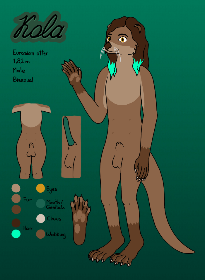 2020 anthro digital_drawing_(artwork) digital_media_(artwork) genitals green_penis hair highlights_(coloring) kola kola_(otter) long_hair lutrine male mammal membrane_(anatomy) model_sheet mustelid nipples nude penis solo webbed_feet webbed_hands yellow_eyes