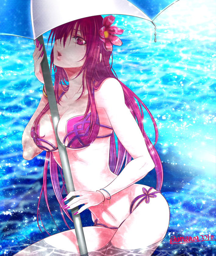 1girl ama_nocchi bangs between_breasts bikini bracelet breasts cleavage collarbone fate/grand_order fate_(series) flower groin hair_between_eyes hair_flower hair_ornament jewelry long_hair looking_at_viewer medium_breasts nail_polish navel open_mouth parasol purple_bikini purple_hair purple_nails red_eyes red_flower scathach_(fate)_(all) scathach_(swimsuit_assassin)_(fate) shiny shiny_hair signature solo swimsuit umbrella very_long_hair water_surface