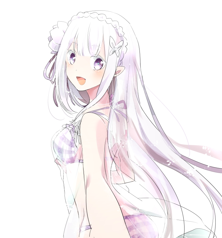 1girl :d bangs bikini braid butterfly_hair_ornament crown_braid dress emilia_(re:zero) floating_hair flower from_side hair_flower hair_ornament hair_ribbon halterneck long_hair looking_at_viewer open_mouth plaid plaid_bikini pointy_ears purple_bikini purple_eyes purple_ribbon re:zero_kara_hajimeru_isekai_seikatsu ribbon see-through shumiko_(kamenokoueki) silver_hair simple_background sleeveless sleeveless_dress smile solo standing sundress swimsuit very_long_hair white_background white_flower