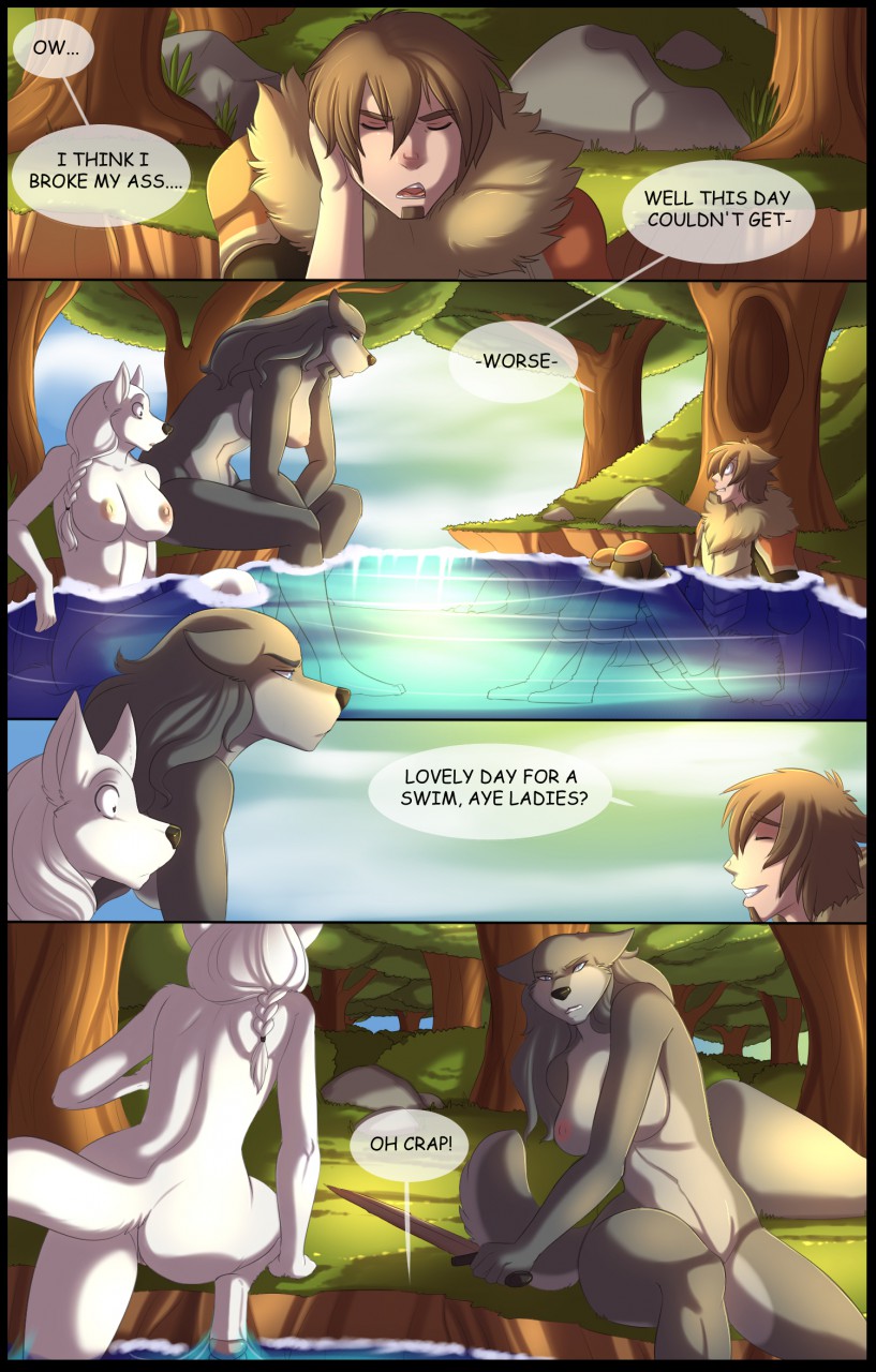 anthro armor braided_hair breasts canid canine canis clothed clothing comic dialogue english_text female forest fur grey_body grey_fur grey_hair group hair hi_res human lady_azure_(wolfpack67) lady_red_(wolfpack67) long_hair male mammal melee_weapon nipples nude partially_submerged rabbit_(wolfpack67) sword text tree weapon white_body white_fur white_hair wolf ziggie13