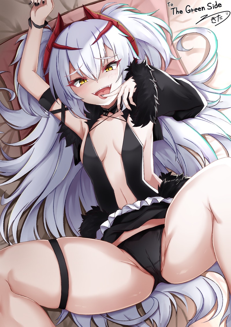 :d arm_up bangs barbatos_(dungeon_defense) black_nails bracelet breasts brown_eyes detached_sleeves dungeon_defense fangs fur_trim groin horns jewelry long_hair looking_at_viewer lying on_back open_mouth revealing_clothes rokita sidelocks skindentation small_breasts smile spread_legs thigh_strap tongue tongue_out very_long_hair