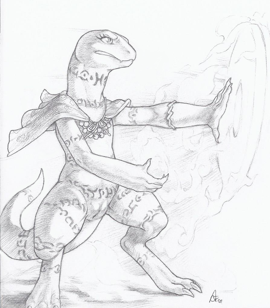 2020 3_toes 4_fingers action_pose anthro claws clothing crestfallenartist crusch_lulu featureless_chest female fingers flat_chested genitals greyscale lizard lizardman magic magic_user markings monochrome mostly_nude overlord_(series) pose pussy reptile scalie signature simple_background solo standing toe_claws toes traditional_media_(artwork) tribal_markings white_background