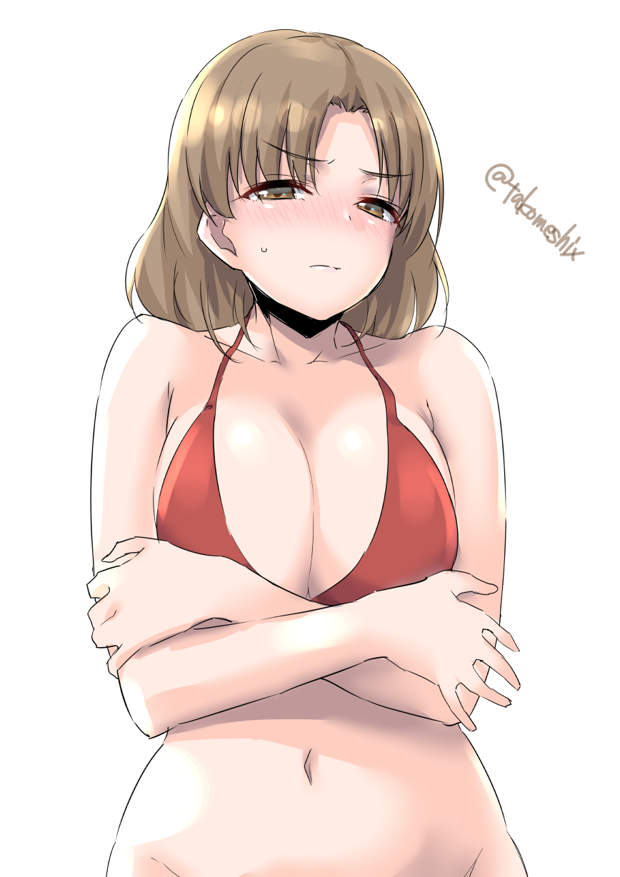 1girl bikini blush breasts brown_eyes brown_hair chiyoda_(kantai_collection) cleavage closed_mouth collarbone eyebrows_visible_through_hair groin highres kantai_collection large_breasts looking_at_viewer navel red_bikini short_hair simple_background solo swimsuit takomeshi twitter_username upper_body white_background