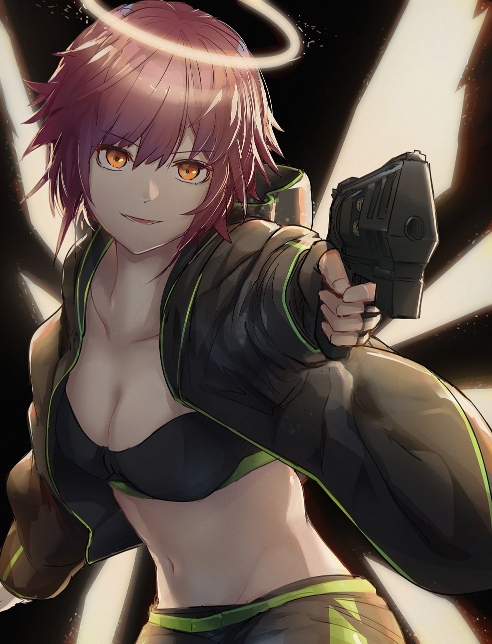 1girl arknights bangs black_bra black_jacket bra breasts cleavage closed_mouth collarbone exusiai_(arknights) eyebrows_visible_through_hair groin gun hair_between_eyes handgun highres holding holding_gun holding_weapon jacket long_sleeves looking_at_viewer medium_breasts navel open_clothes open_jacket orange_eyes r_dancer red_hair shiny shiny_hair short_hair smile solo stomach underwear upper_body weapon