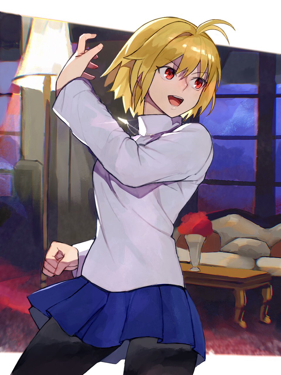 1girl :d ahoge arcueid_brunestud bangs blonde_hair blue_skirt blush breasts clenched_hand contrapposto couch cowboy_shot eyebrows_visible_through_hair fighting_stance grey_background hair_between_eyes highres jewelry lamp long_sleeves medium_breasts medium_hair melty_blood melty_blood:_type_lumina necklace oni_gini open_mouth pantyhose pleated_skirt red_eyes short_hair simple_background skirt smile solo sweater table tsukihime tsukihime_(remake) turtleneck white_sweater window