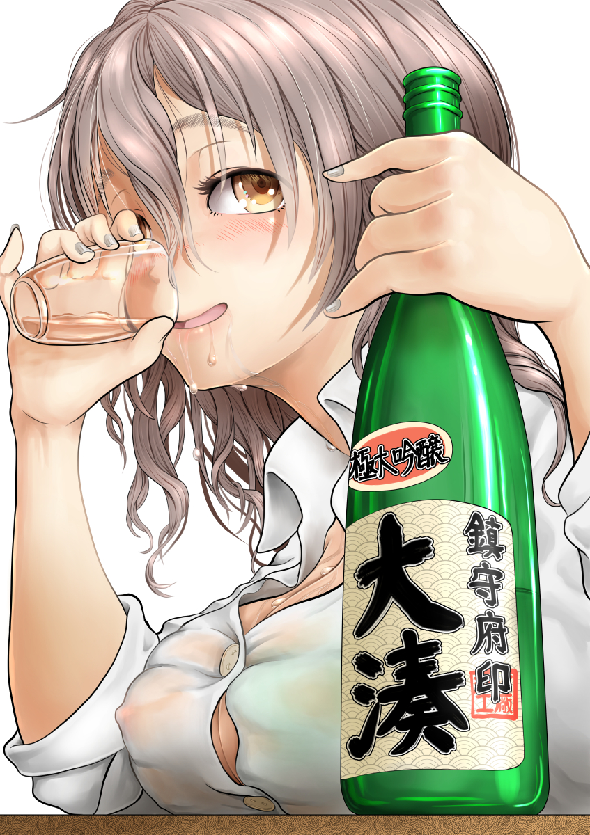 1girl bottle breasts brown_eyes covered_nipples cup drinking drinking_glass drunk grey_hair highres holding holding_cup kantai_collection large_breasts pachimon pola_(kantai_collection) see-through shirt simple_background solo wavy_hair wet wet_clothes wet_shirt white_background white_shirt