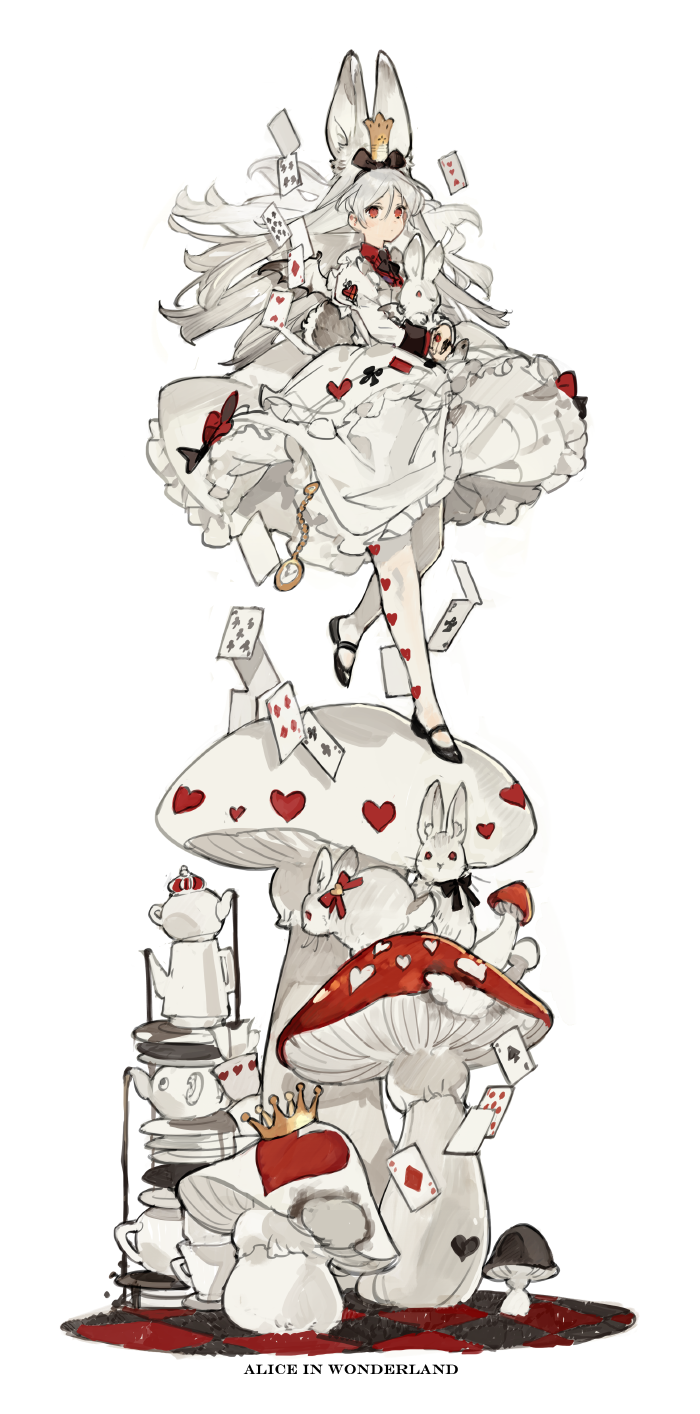 1girl ace_of_diamonds ace_of_spades alice_in_wonderland animal_ears black_footwear bow bunny bunny_ears card club_(shape) commentary_request crown diamond_(shape) dress heart heart_print highres holding_bunny long_hair long_sleeves mushroom pantyhose personification playing_card pocket_watch red_eyes simple_background spade_(shape) standing starshadowmagician teapot watch white_background white_dress white_hair white_legwear white_rabbit