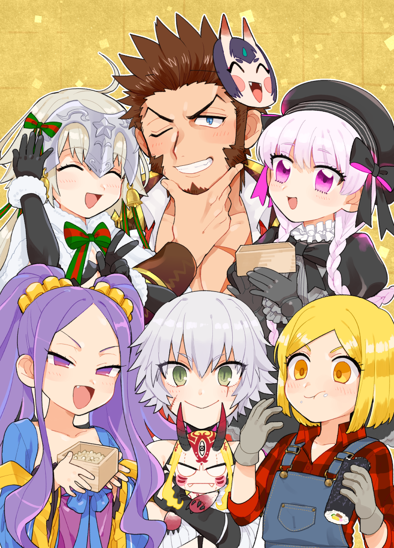 1boy 5girls beard blonde_hair blue_eyes blush brown_hair chest epaulettes facial_hair fate/apocrypha fate/extra fate/grand_order fate_(series) ibaraki_douji_(fate/grand_order) jack_the_ripper_(fate/apocrypha) jeanne_d'arc_(fate)_(all) jeanne_d'arc_alter_santa_lily long_sleeves looking_at_viewer multiple_girls napoleon_bonaparte_(fate/grand_order) nursery_rhyme_(fate/extra) pants paul_bunyan_(fate/grand_order) pectorals purple_eyes purple_hair scar shitappa simple_background smile white_hair wu_zetian_(fate/grand_order)