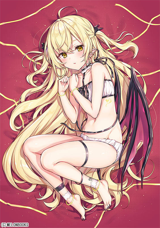 1girl ahoge ankle_strap bare_arms bare_shoulders barefoot black_ribbon blonde_hair bra choker demon_wings feet groin hair_ornament komeshiro_kasu long_hair looking_at_viewer lying melonbooks navel on_side original panties parted_lips pointy_ears ribbon solo stomach thigh_strap thighs toenail_polish two_side_up underwear underwear_only very_long_hair white_bra white_panties wings wristband yellow_eyes