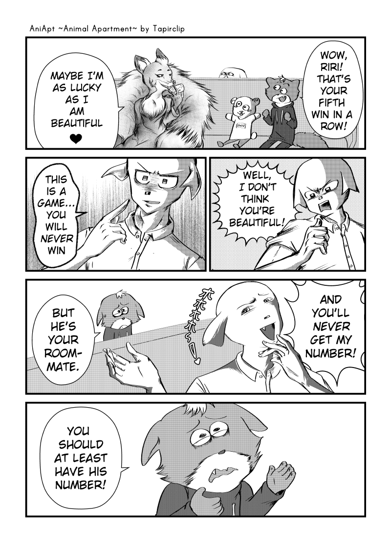 ! &lt;3 2020 4koma 5_fingers aniapt_(manga) anthro big_tail black_nose blush boba_bearstein canid canine canis cheek_spots cheek_tuft chest_tuft chien clothed clothing comic cute_fangs digital_media_(artwork) dipstick_ears dipstick_tail domestic_dog dress_shirt english_text facial_tuft fingers fox furniture girly greyscale group hair happy heart_nose holding_object hoodie inner_ear_fluff inside japanese_text kemono long_tail male male/male mammal manga mephitid messy_hair monochrome multicolored_body multicolored_ears multicolored_tail on_sofa open_mouth open_smile pattern_background riri_(tapirclip) screentone shirt simple_background sitting skunk smile sofa speech_bubble standing tapirclip text text_on_shirt thick_tail topwear tuft two_tone_body ursid uwu yelling