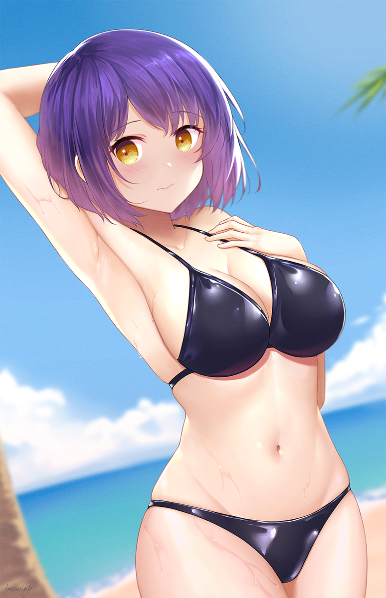 1girl armpits bikini black_bikini blurry blush borrowed_character breasts cleavage collarbone cowboy_shot depth_of_field dutch_angle embarrassed english_commentary freonclayr groin hand_behind_head hand_on_own_chest highres large_breasts looking_at_viewer navel ocean original outdoors palm_tree purple_hair sand short_hair solo standing stomach swimsuit tree upper_body wet yellow_eyes