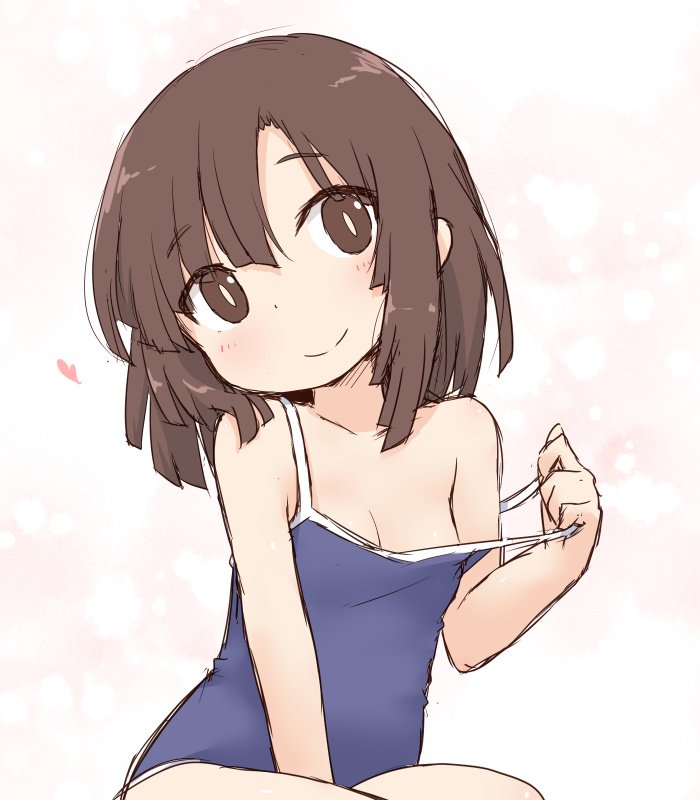 bangs between_legs blue_swimsuit blunt_ends blush breasts bright_pupils brown_hair cleavage collarbone commentary_request disconnected_mouth dot_nose eyebrows_visible_through_hair eyes_visible_through_hair floating_heart hair_over_eyes hair_over_shoulder hand_between_legs hand_up head_tilt kitanaga medium_hair natsu_no_koucha one-piece_swimsuit parted_bangs pink_background raised_eyebrows shiny shiny_hair shiny_skin sidelocks simple_background sitting small_breasts smile strap_pull strap_slip swimsuit swimsuit_pull teasing two-tone_swimsuit ueno-san_wa_bukiyou undressing