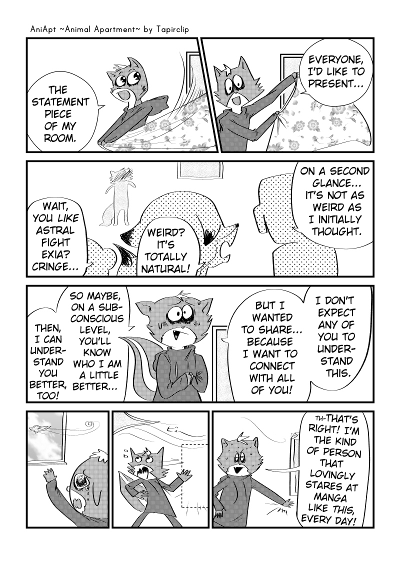 2020 4koma 5_fingers aniapt_(manga) anthro black_nose blush boba_bearstein bodily_fluids canid canine canis cheek_tuft chien clothed clothing comic cute_fangs defeated digital_media_(artwork) dipstick_ears dipstick_tail domestic_dog english_text facial_tuft fingers forced_smile fox greyscale group hair happy holding_object hoodie inside japanese_text kemono looking_away male mammal manga mephitid messy_hair monochrome multicolored_body multicolored_ears multicolored_tail open_mouth open_smile riri_(tapirclip) screentone shocked simple_background skunk smile solo_focus speech_bubble standing sweat sweatdrop tapirclip text text_box topwear tuft two_tone_body ursid window