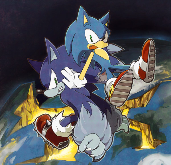 2010 anthro blue_body blue_fur claws clenched_teeth clothing duo earth eulipotyphlan footwear fur gloves green_eyes handwear hedgehog male mammal niwa0w0 open_mouth shoes sonic_the_hedgehog sonic_the_hedgehog_(series) sonic_the_werehog sonic_unleashed square_crossover teeth were wereeulipotyphlan werehog