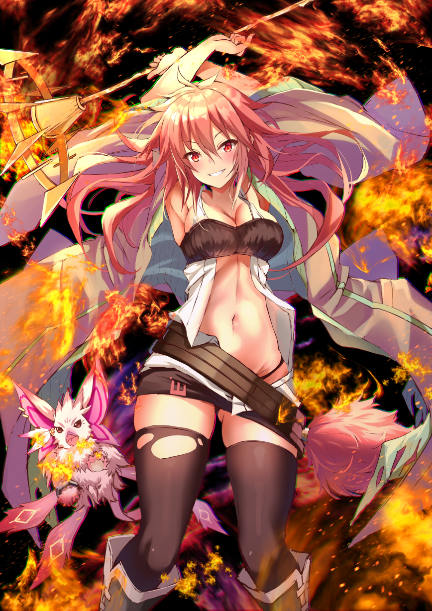 1girl armpits arms_up ass_visible_through_thighs bangs black_background black_legwear black_panties black_skirt black_tubetop blush boots breasts brown_coat cleavage coat commentary_request cowboy_shot creature duel_monster eyebrows_visible_through_hair fire grin groin hair_between_eyes highres hiita holding holding_staff knee_boots large_breasts long_hair looking_at_viewer microskirt midriff navel open_clothes open_coat open_shirt panties panty_peek red_eyes red_hair shirt sidelocks skindentation skirt sleeveless sleeveless_shirt smile solo staff standing strapless thighhighs torn_clothes torn_legwear tubetop underwear white_shirt yukishiro_arute yuu-gi-ou zettai_ryouiki