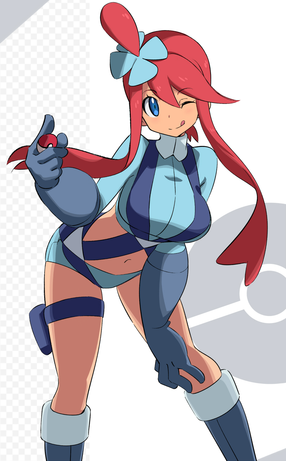 1girl ;q bangs belt blue_belt blue_eyes blue_footwear blue_gloves blue_jacket blue_shorts blush boots breasts commentary_request cowboy_shot cropped_jacket elbow_gloves eyebrows_visible_through_hair fuuro_(pokemon) gloves grey_background gym_leader hair_between_eyes hair_ornament hand_on_own_knee highres holding holding_poke_ball holster jacket knee_boots large_breasts leaning_forward long_hair looking_at_viewer midriff navel one_eye_closed one_side_up poke_ball poke_ball_(basic) pokemon pokemon_(game) pokemon_bw red_hair sakuraidai short_shorts shorts sidelocks smile solo standing thigh_holster tongue tongue_out two-tone_background white_background