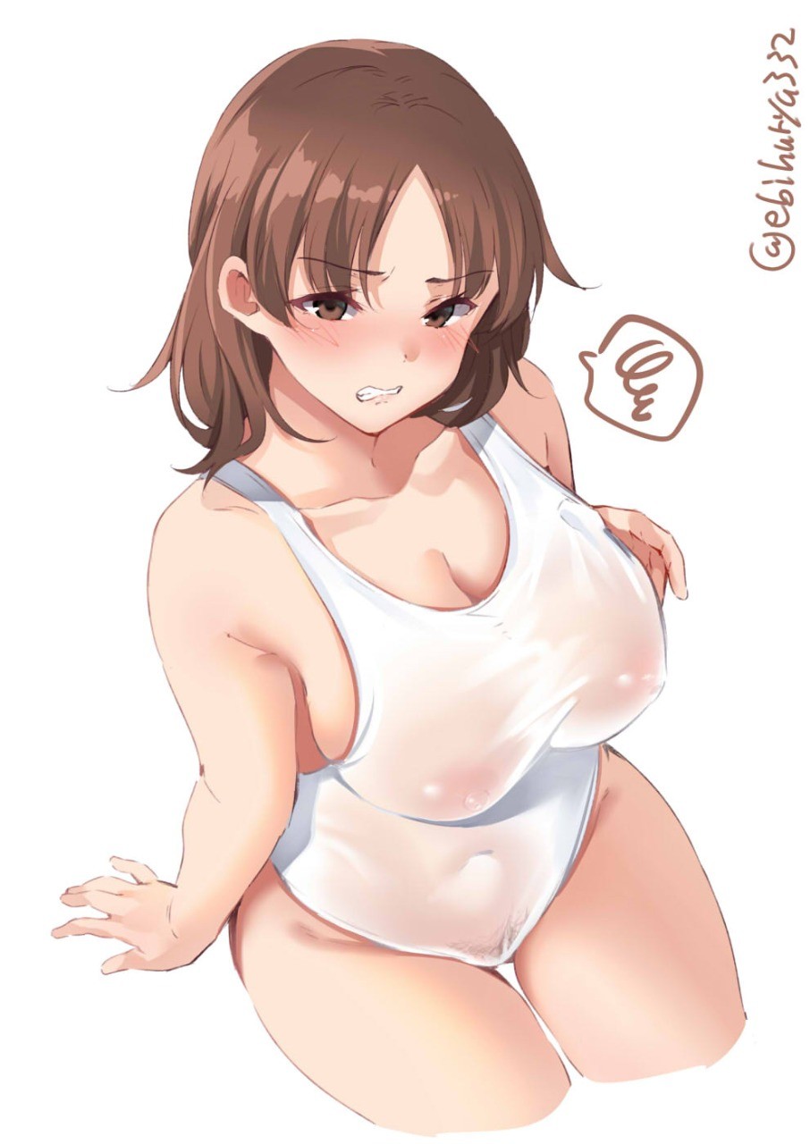 1girl arm_support blush breasts brown_eyes brown_hair chiyoda_(kantai_collection) collarbone cropped_legs ebifurya eyebrows_visible_through_hair groin highres kantai_collection large_breasts one-piece_swimsuit pubic_hair school_swimsuit see-through short_hair simple_background solo swimsuit teeth twitter_username white_background white_swimsuit