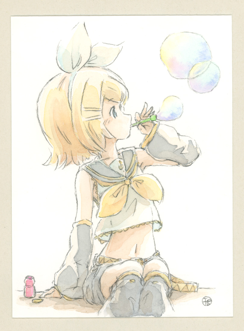 1girl arm_warmers bangs belt blonde_hair blue_eyes bottle bow bubble bubble_blowing collar commentary cowboy_shot crop_top epoxy_putty grey_collar grey_shorts grey_sleeves hair_bow hair_ornament hairclip holding kagamine_rin leg_warmers looking_to_the_side midriff navel neckerchief sailor_collar shirt short_hair short_shorts shorts sitting solo swept_bangs traditional_media treble_clef vocaloid white_background white_bow white_shirt yellow_neckwear