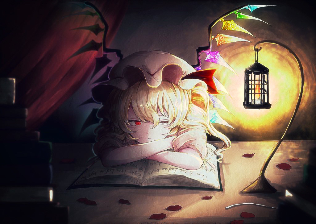 1girl blonde_hair book candle candlelight closed_mouth commentary_request crossed_arms crystal curtains dark flandre_scarlet fleuriste hair_between_eyes half-closed_eye hat hat_ribbon indoors lamppost looking_at_viewer mob_cap on_book one_eye_closed one_side_up open_book petals puffy_short_sleeves puffy_sleeves red_eyes red_ribbon ribbon rose_petals shirt short_sleeves sidelighting sitting sleeping sleeping_upright sleepy solo touhou white_headwear white_shirt wings