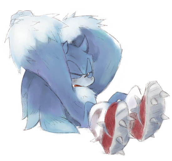 2009 anthro arms_above_head blue_body blue_fur clothing eulipotyphlan eyes_closed fluffy footwear fur male mammal niwa0w0 shoes simple_background sitting solo sonic_the_hedgehog_(series) sonic_the_werehog sonic_unleashed were wereeulipotyphlan werehog white_background