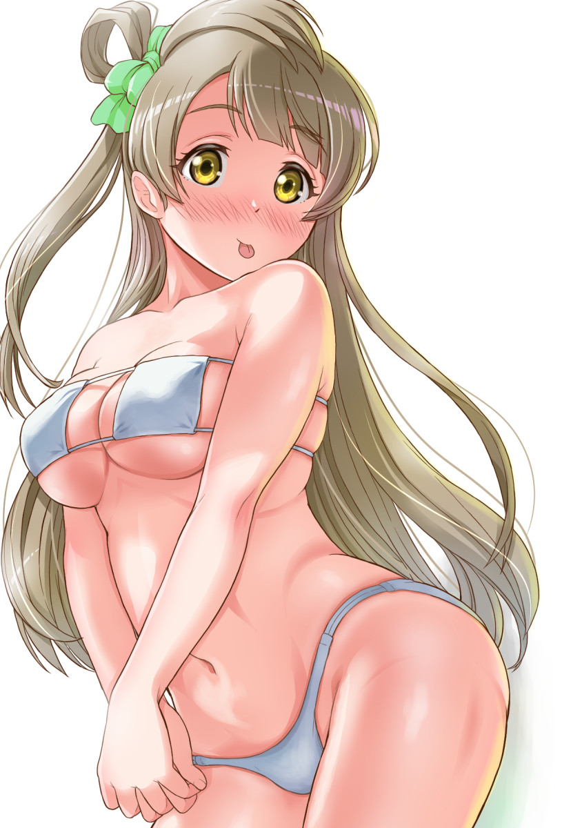 1girl :p armpit_crease bangs bikini blush bow breast_squeeze breasts brown_eyes brown_hair collarbone commentary_request contrapposto covered_nipples cowboy_shot curvy eyebrows_visible_through_hair eyelashes eyepatch_bikini gonta_(gshoutai) green_bow green_ribbon grey_hair groin hair_bow hair_ribbon hair_rings highres hip_bones long_hair looking_at_viewer love_live! love_live!_school_idol_project medium_breasts minami_kotori narrow_waist one_side_up raised_eyebrows ribbon shoulders skindentation smile solo swept_bangs swimsuit tareme tongue tongue_out v_arms white_background white_bikini wide_hips yellow_eyes