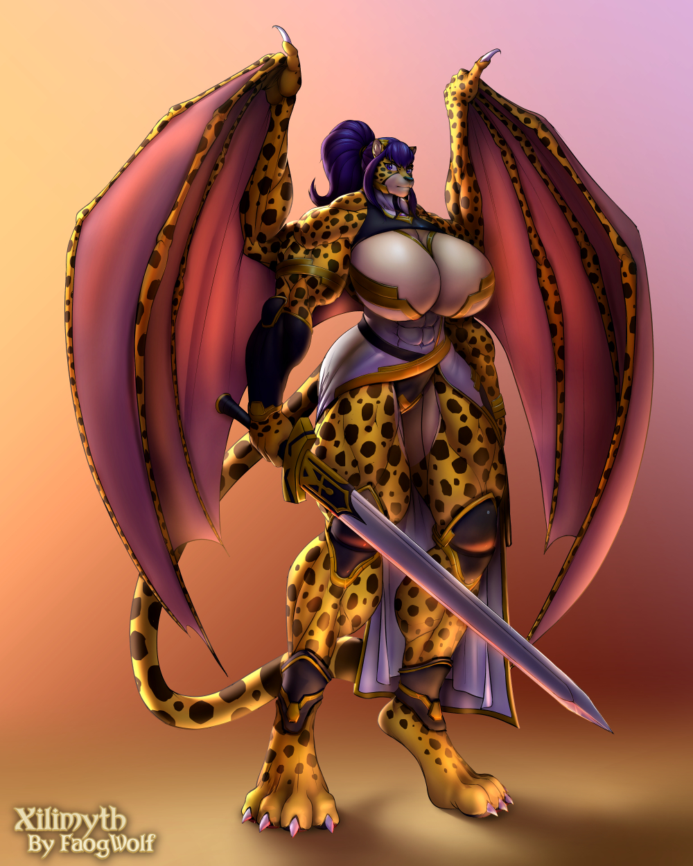 4:5 abs anthro armor big_breasts bikini_armor breasts cheetah cleavage clothed clothing faogwolf felid feline female fur hi_res humanoid inner_ear_fluff mammal muscular muscular_female pose solo spots_(marking) standing tight_clothing tuft xilimyth