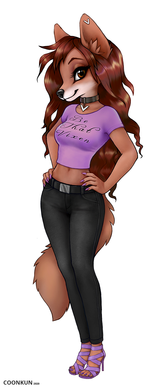 anthro canid canine choker clothing coonkun crop_top female footwear fox hair hands_on_hips hi_res high_heels jewelry long_hair looking_at_viewer mammal necklace red_fox shirt shoes solo topwear