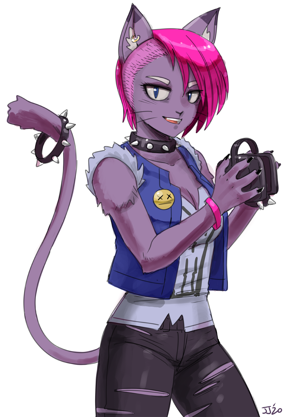 anthro breasts cleavage clothed clothing collar domestic_cat ear_piercing ear_ring felid feline felis female hair hi_res john_joseco mammal monster_prom piercing pink_hair pupils simple_background slit_pupils solo spiked_collar spikes torn_clothing valerie_oberlin white_background
