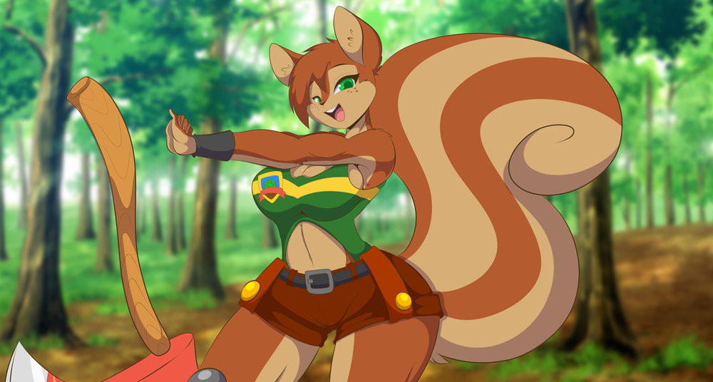 anthro axe belly_cutout big_breasts big_tail bottomwear breasts brown_body brown_fur brown_hair cleavage clothed clothing countershading day depth_of_field ear_tuft emblem female fluffy fluffy_tail forest fur green_eyes hair hotpants huge_hips long_tail looking_at_viewer mammal mastergodai melee_weapon multicolored_body multicolored_fur open_mouth outside portrait rodent sciurid shirt short_hair shorts side_boob small_waist smile solo standing stretching swept_bangs tank_top three-quarter_portrait tongue tools topwear tree tuft two_tone_body two_tone_fur weapon wide_hips woodcutting_axe