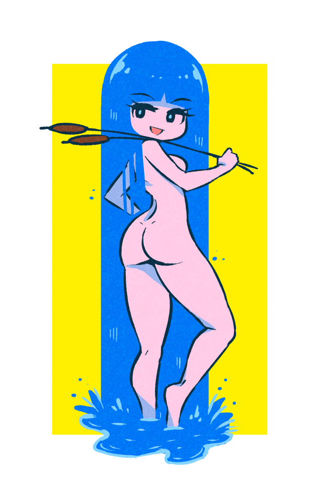 9:14 akairiot blue_eyes border breasts butt cattail_(plant) elemental_creature elemental_humanoid female holding_object holding_plant humanoid kelda_(akairiot) liquid_hair looking_back not_furry nude open_mouth plant plantigrade pseudo_hair side_boob simple_background solo standing water water_creature water_humanoid wet white_body white_border white_skin yellow_background