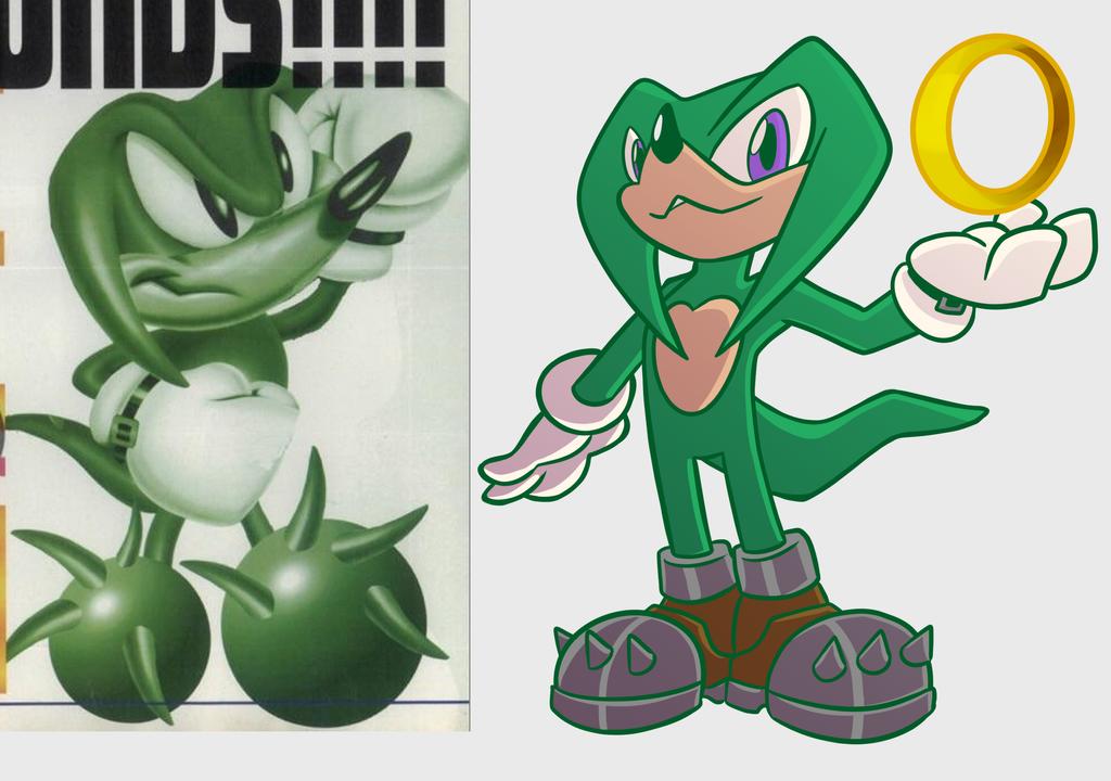 clothing fan_character fur gloves green_body green_fur green_skin handwear lutrine male mammal mustelid purple_eyes rankles_the_otter redraw ring ring_(sonic) simple_background smile sonic_the_hedgehog_(series) spikes thebrave white_background