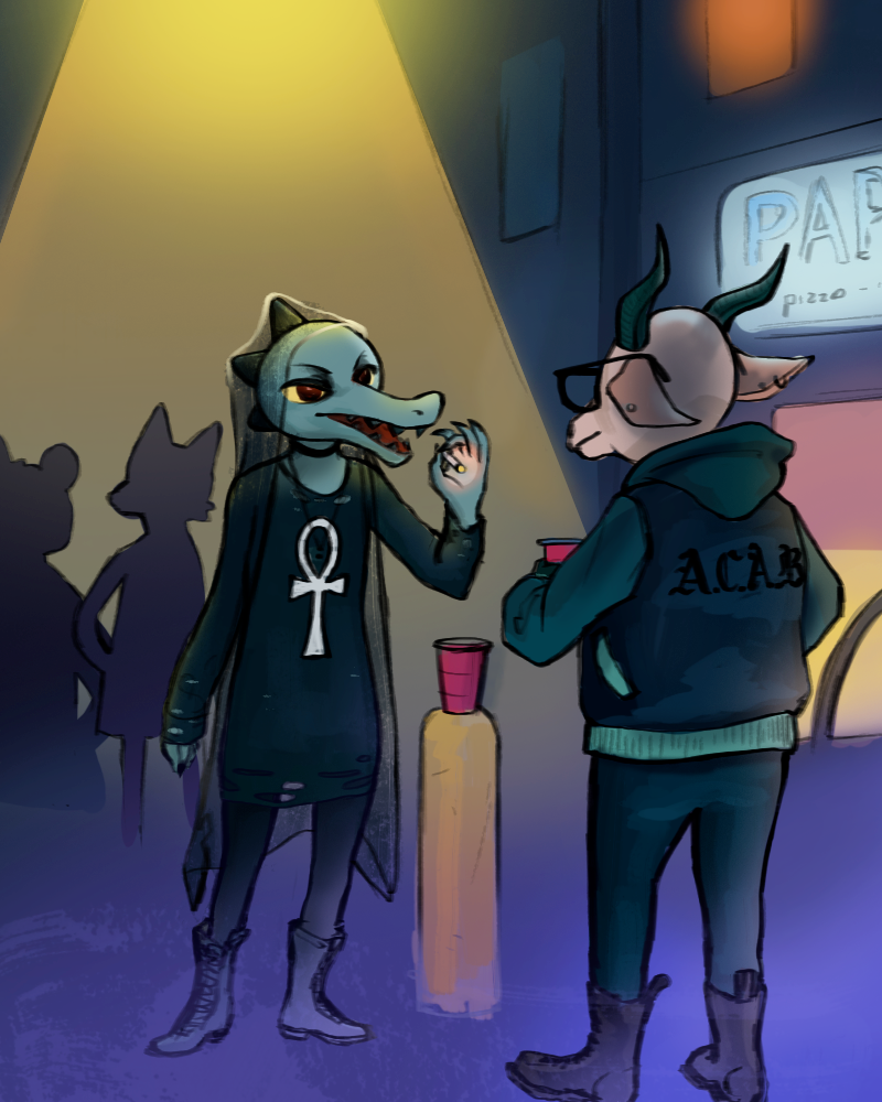 4:5 acab ambiguous_gender ankh anthro bea_santello boots bottomwear bovid caprine cardigan choker clothing crocodile crocodilian crocodylid duo ear_piercing eyewear female footwear fur glasses goat grey_body grey_scales holding_cigarette holding_cup holding_object hood_down hood_up horn jackie_(nitw) jewelry leather_boots letterman_jacket long_sleeves mammal necklace night night_in_the_woods pants piercing plastic_cup prawst red_cup reptile scales scalie silhouette smoking spikes spotlight standing talking_to_another tan_body tan_fur torn_dress translucent translucent_clothing video_games