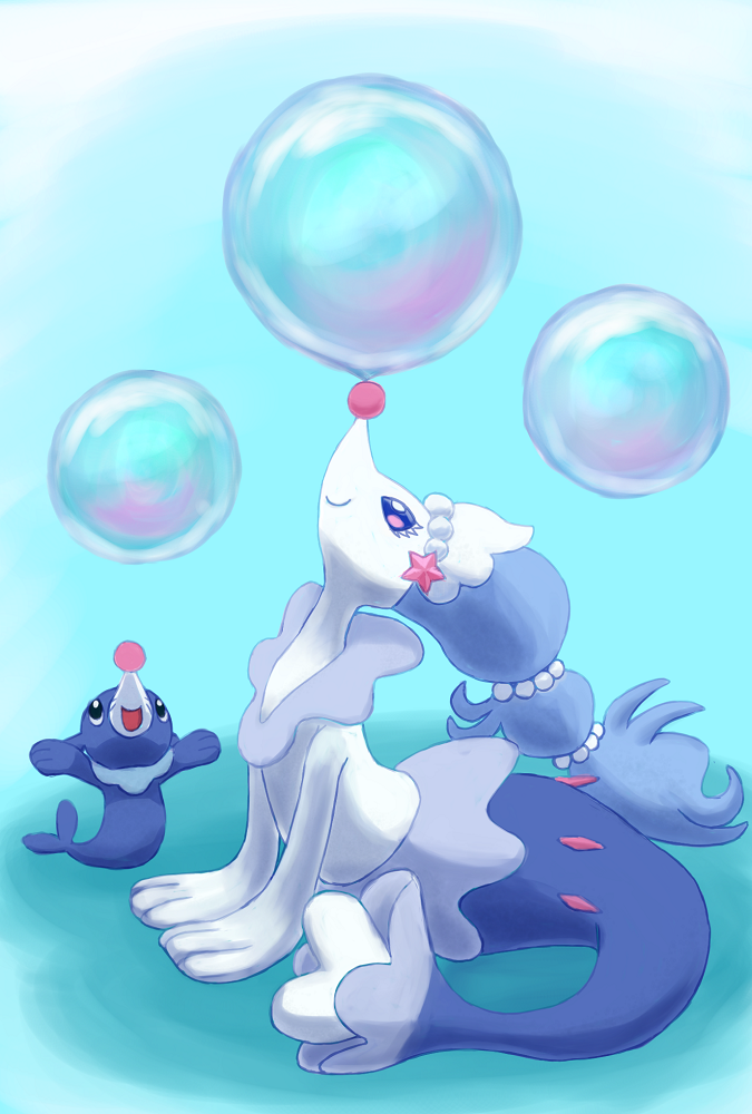 accessory ambiguous_gender asterozoan blue_background blue_body blue_eyes blue_hair bubble duo echinoderm eyelashes feral gem hair hair_accessory mammal marine merfolk nintendo open_mouth pearl_(gem) pink_nose pok&eacute;mon pok&eacute;mon_(species) popplio primarina simple_background smile spikes starfish starfish_(accessory) video_games white_body