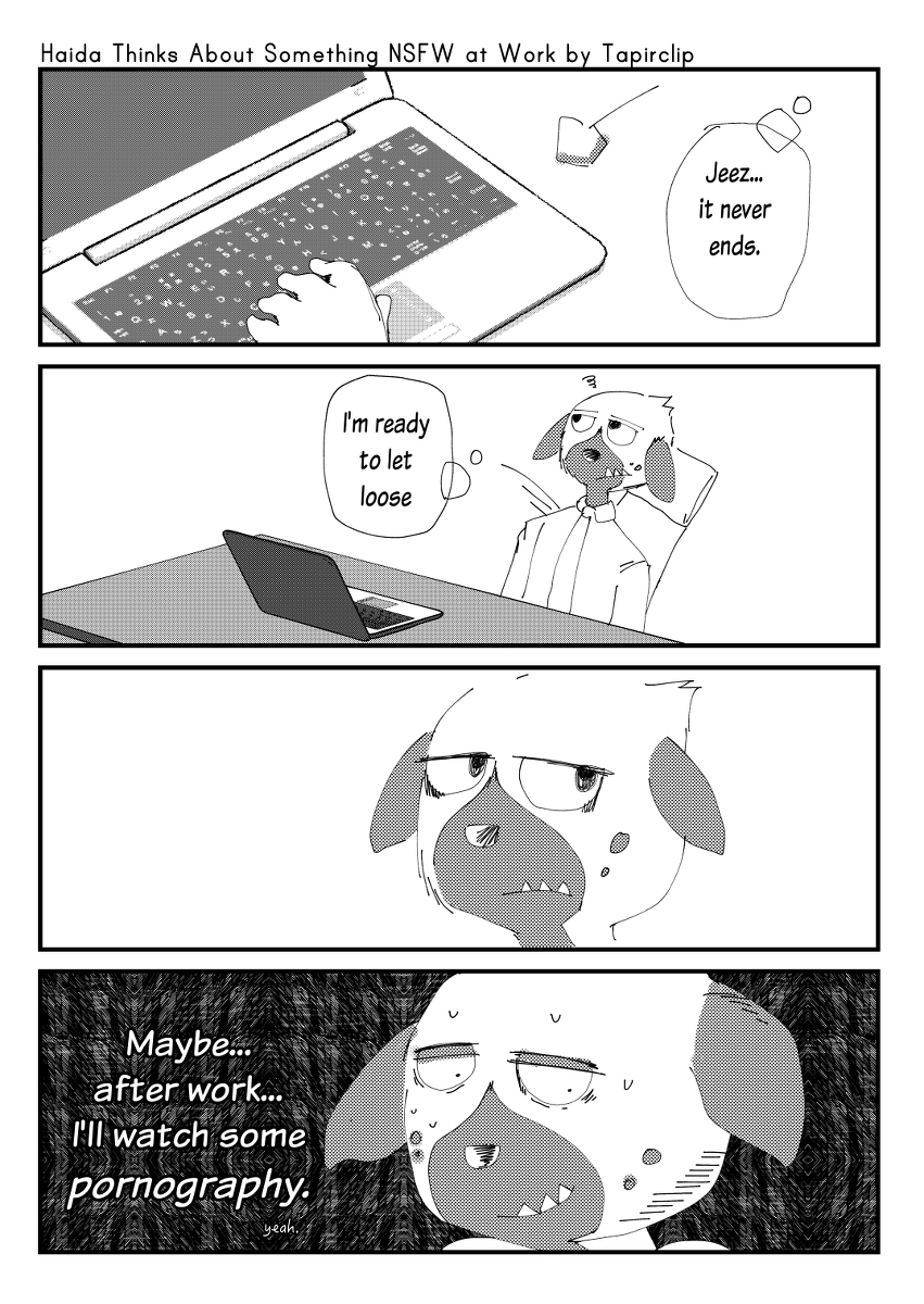 2020 4koma 5_fingers aggressive_retsuko anthro black_nose blush bodily_fluids closed_smile clothed clothing comic computer digital_media_(artwork) dress_shirt english_text fingers fur furniture greyscale haida happy hi_res hyaenid inside kemono laptop looking_away male mammal manga monochrome multicolored_body multicolored_fur necktie pattern_background sanrio screentone shirt simple_background sitting solo spotted_hyena sweat sweatdrop table tapirclip text thought_bubble topwear two_tone_body two_tone_fur underbite