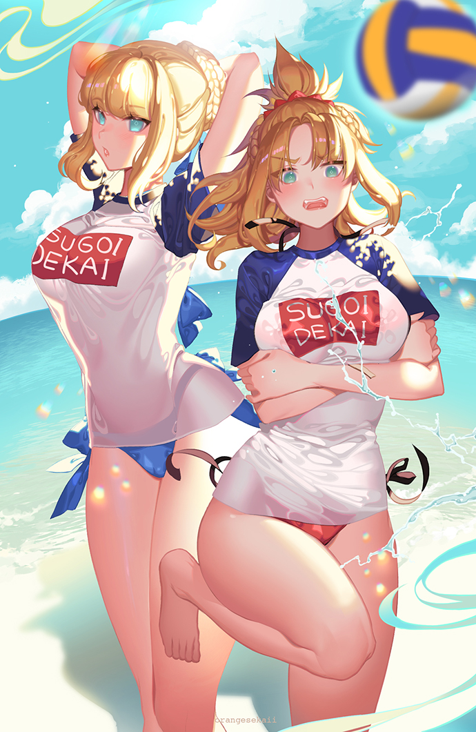 2girls aqua_eyes arm_under_breasts armpits arms_behind_head arms_up artoria_pendragon_(all) bangs bare_shoulders barefoot beach bikini blonde_hair blue_bow blue_sky blush bow braid braided_bun breasts clothes_writing cloud crossed_arms eyebrows_visible_through_hair fate/grand_order fate_(series) front-tie_top green_eyes halterneck high_ponytail large_breasts meme_attire mordred_(fate) mordred_(fate)_(all) multiple_girls navel ocean open_mouth orange_sekaii outdoors raglan_sleeves red_bikini saber shirt short_sleeves side-tie_bottom sidelocks sky standing stomach sugoi_dekai swimsuit t-shirt thighs toes underboob volleyball water waves white_bikini