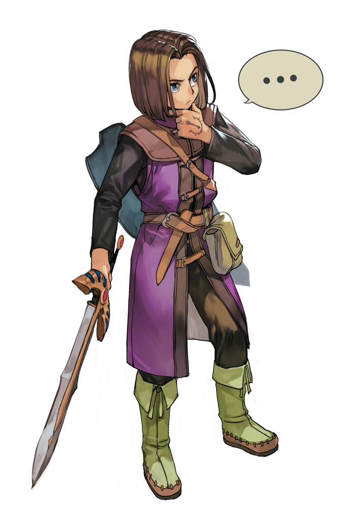 ... 1boy bag belt blue_eyes boots brown_hair closed_mouth dragon_quest dragon_quest_xi full_body green_footwear hankuri hero_(dq11) holding holding_sword holding_weapon male_focus pants sheath shield solo speech_bubble standing sword thinking weapon