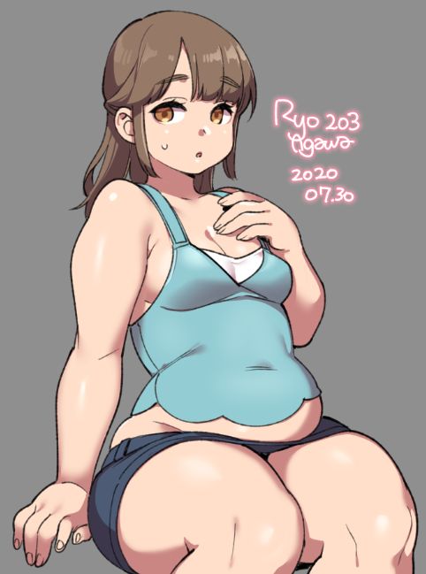 1girl 2020 agawa_ryou artist_name bare_shoulders belly breasts brown_eyes brown_hair cleavage commentary covered_navel dated grey_background long_hair original plump short_shorts shorts signature simple_background solo sweatdrop tank_top thick_thighs thighs