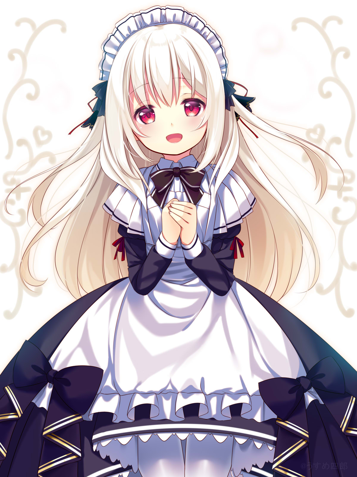 1girl apron black_dress dress hands_together highres long_hair maid maid_headdress open_mouth original pantyhose red_eyes ribbon silver_hair smile solo two_side_up usume_shirou white_apron white_legwear
