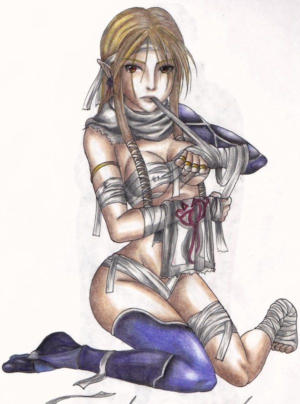 androgynous bandages breasts large_breasts mouth_hold ninja nintendo pointy_ears red_eyes sheik solo the_legend_of_zelda